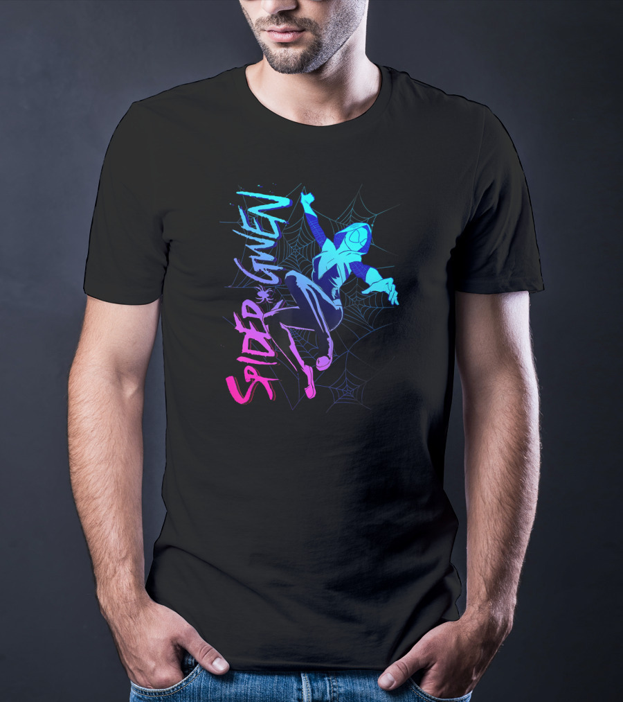 Marvel Spider Gwen Neon Gradient Web Jumping Pose T-Shirt