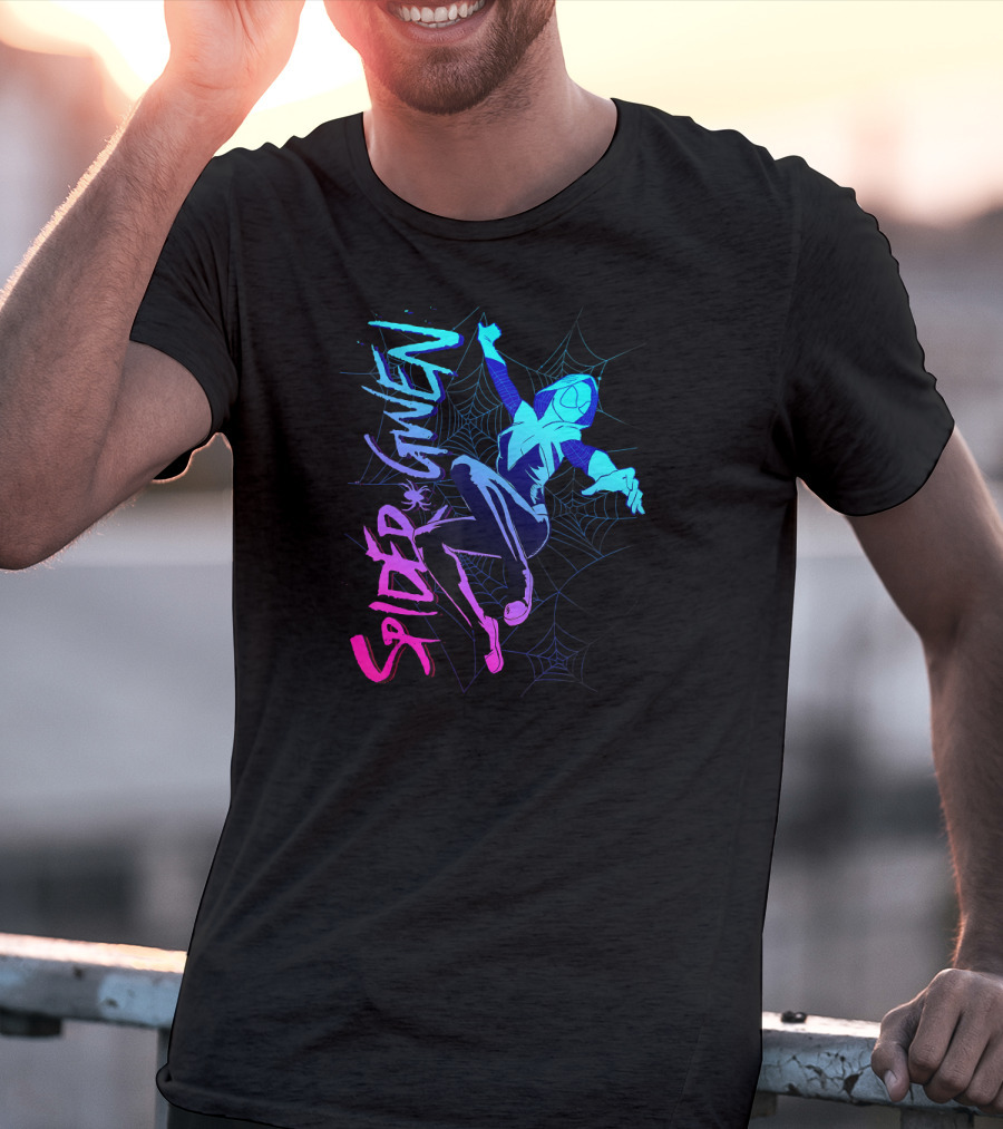 Marvel Spider Gwen Neon Gradient Web Jumping Pose T-Shirt