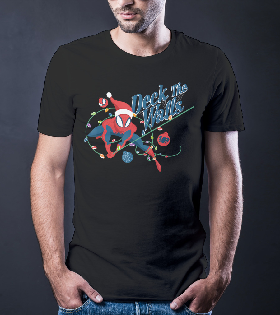 Deck The Walls Marvel Spider Man Holiday Christmas Lights Santa Hat T-Shirt