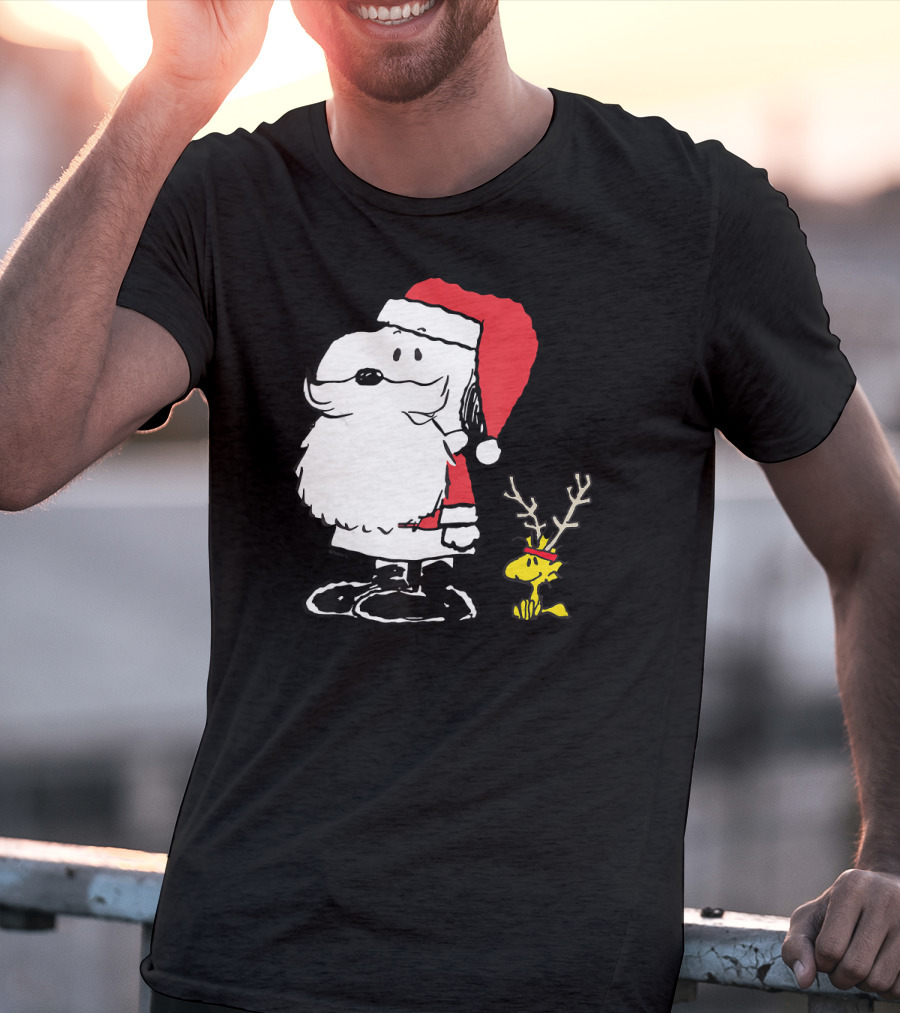 Peanuts Snoopy And Woodstock In Santa And Antlers Holiday Shop T-Shirt