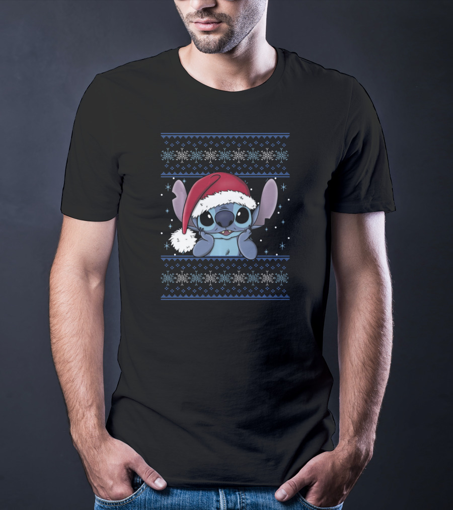 Disney Lilo And Stitch Christmas Stitch UglyStyle Santa Hat Snowflakes Festive T-Shirt