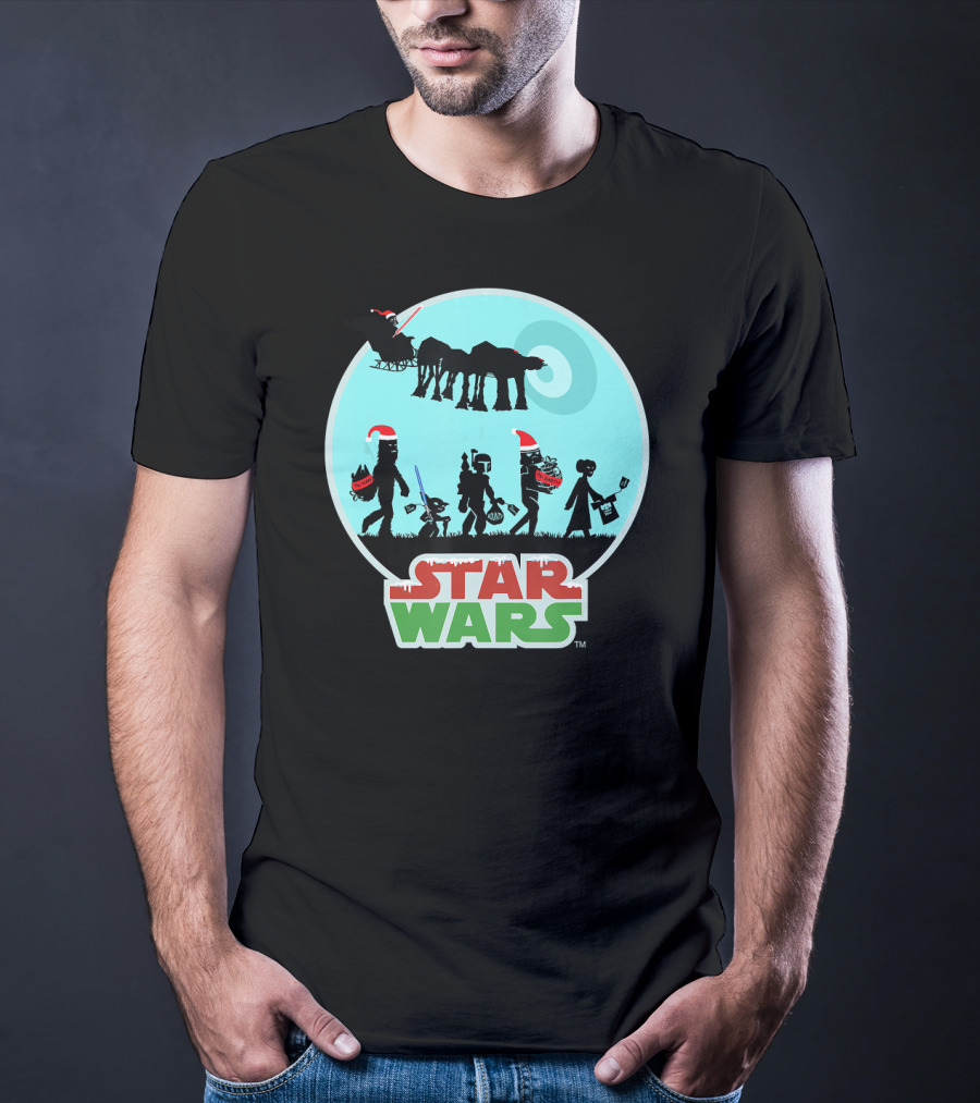 Star Wars Holiday Characters With Santa Hats And Death Star T-Shirt