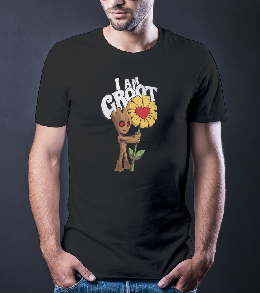 I Am Groot Heart Eyes Holding Sunflower With Red Heart T-Shirt