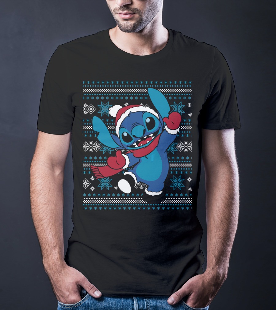 Disney Stitch Happy Holiday Festive Sweater Design With Snowflakes And Santa Hat T-Shirt