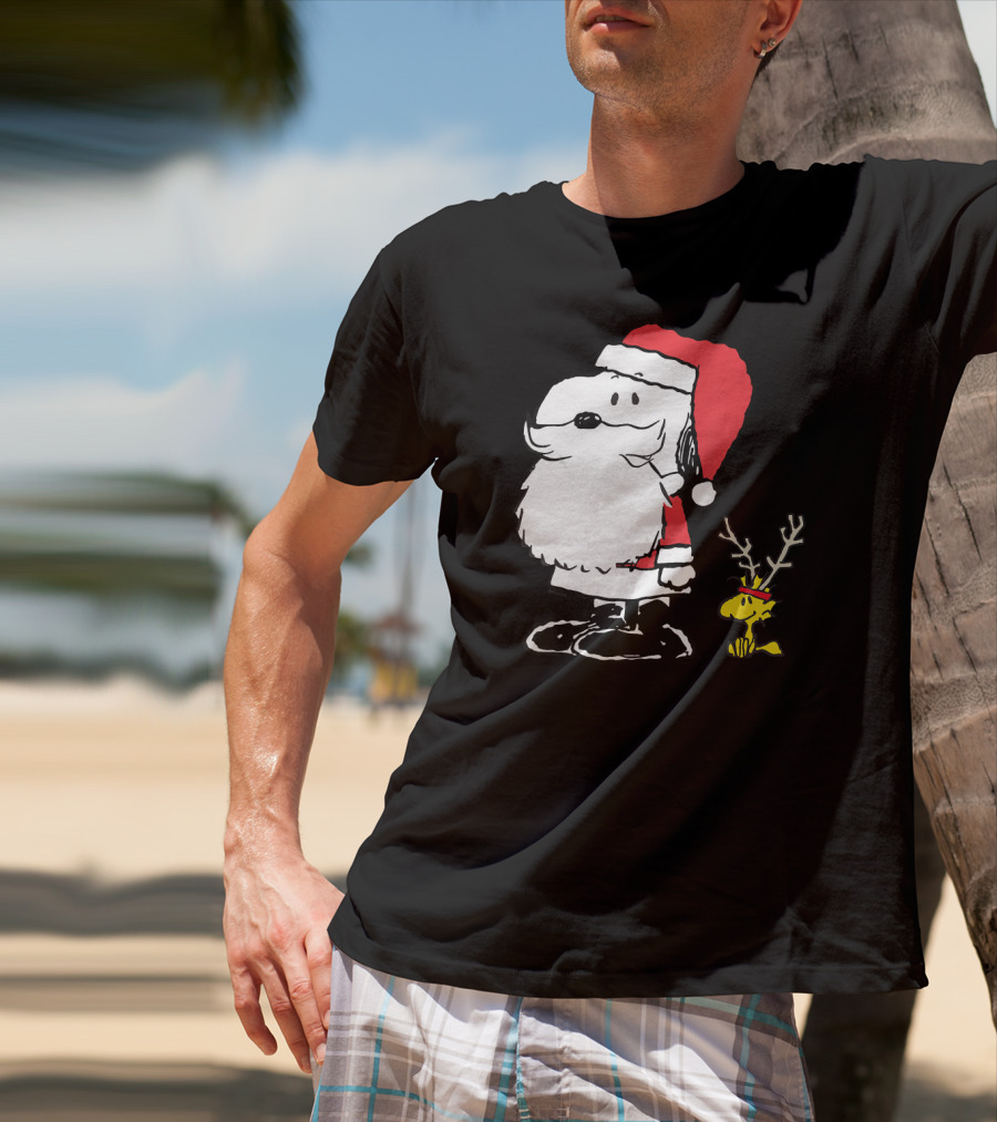 Snoopy Santa With Woodstock Antlers Peanuts Holiday T-Shirt