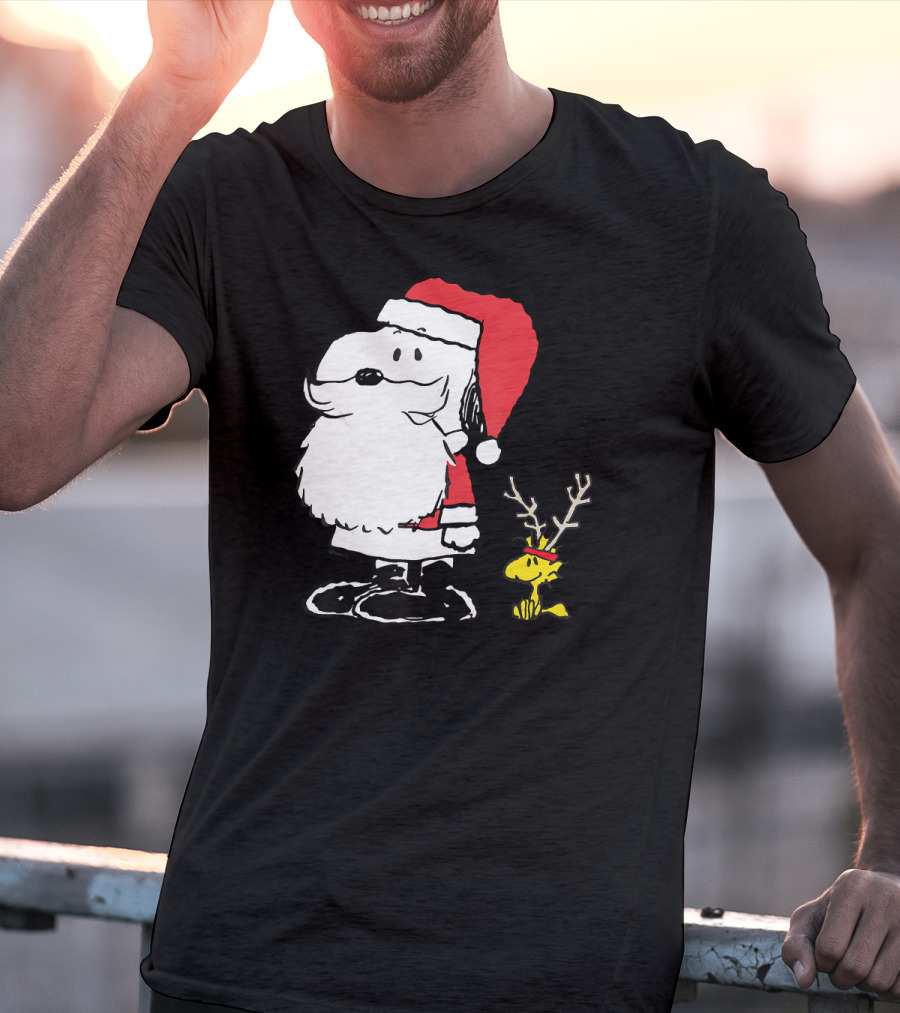 Snoopy Santa With Woodstock Antlers Peanuts Holiday T-Shirt
