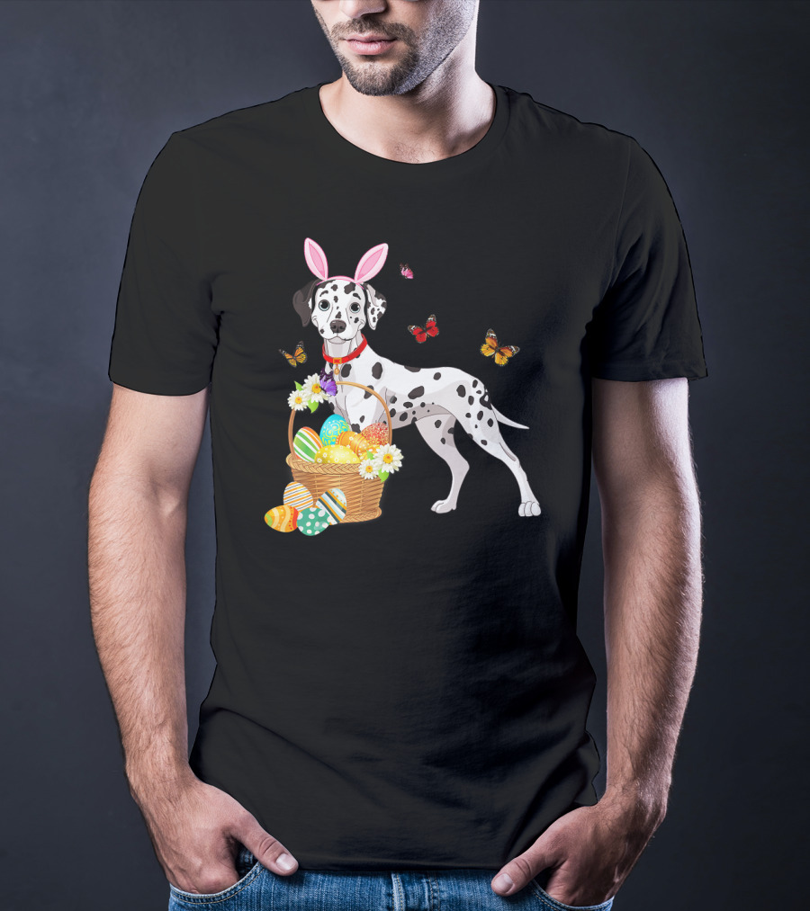 Dalmatian With Bunny Ears Holding Easter Egg Basket And Butterflies T-Shirt