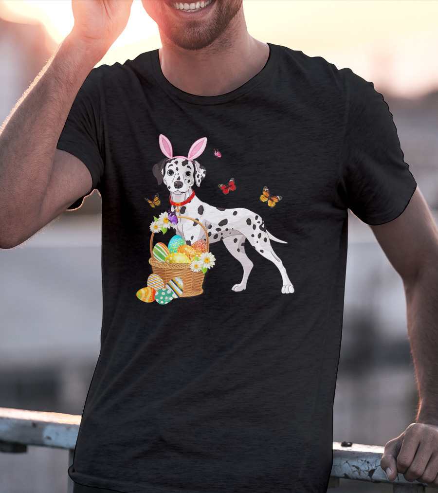 Dalmatian With Bunny Ears Holding Easter Egg Basket And Butterflies T-Shirt