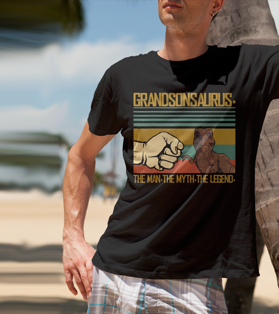 Grandsonsaurus The Man The Myth The Legend Dinosaur Fist Retro Stripes T-Shirt