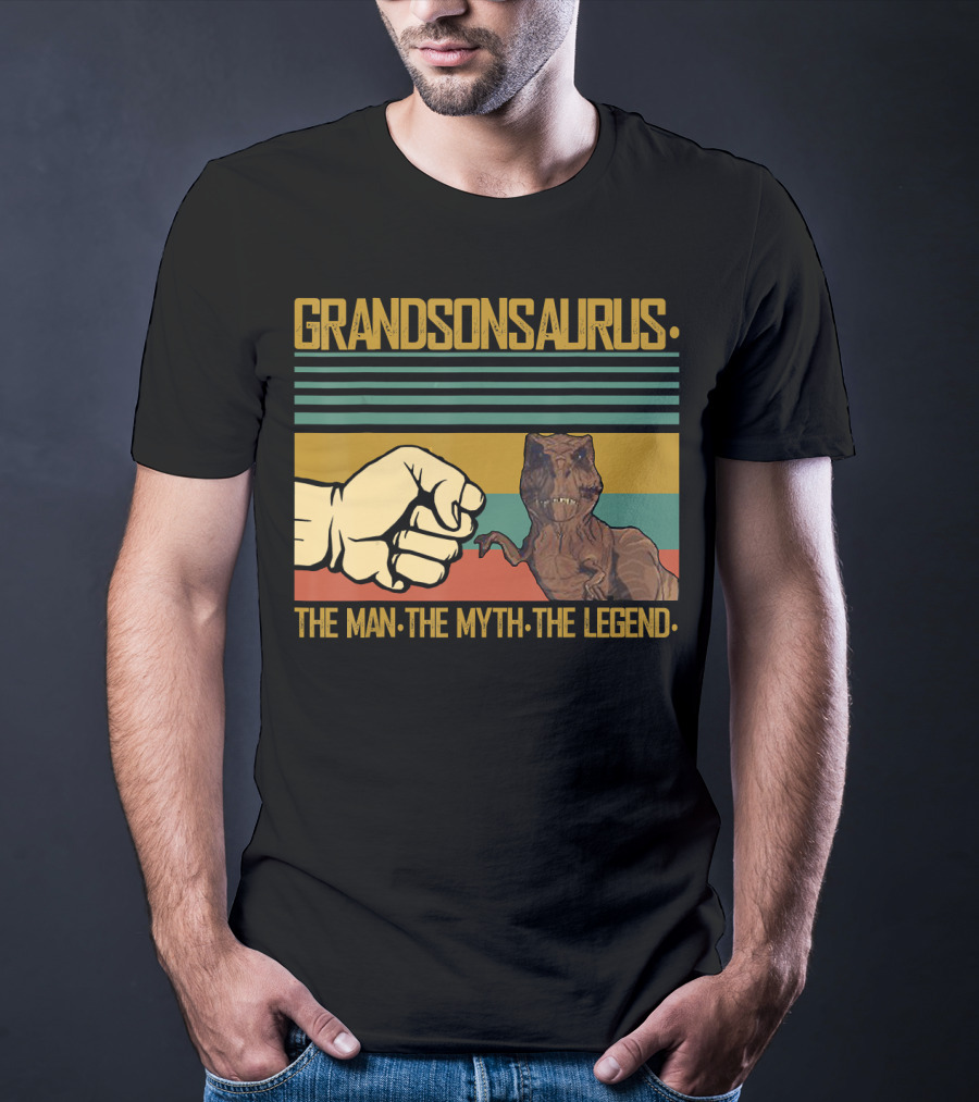 Grandsonsaurus The Man The Myth The Legend Dinosaur Fist Retro Stripes T-Shirt