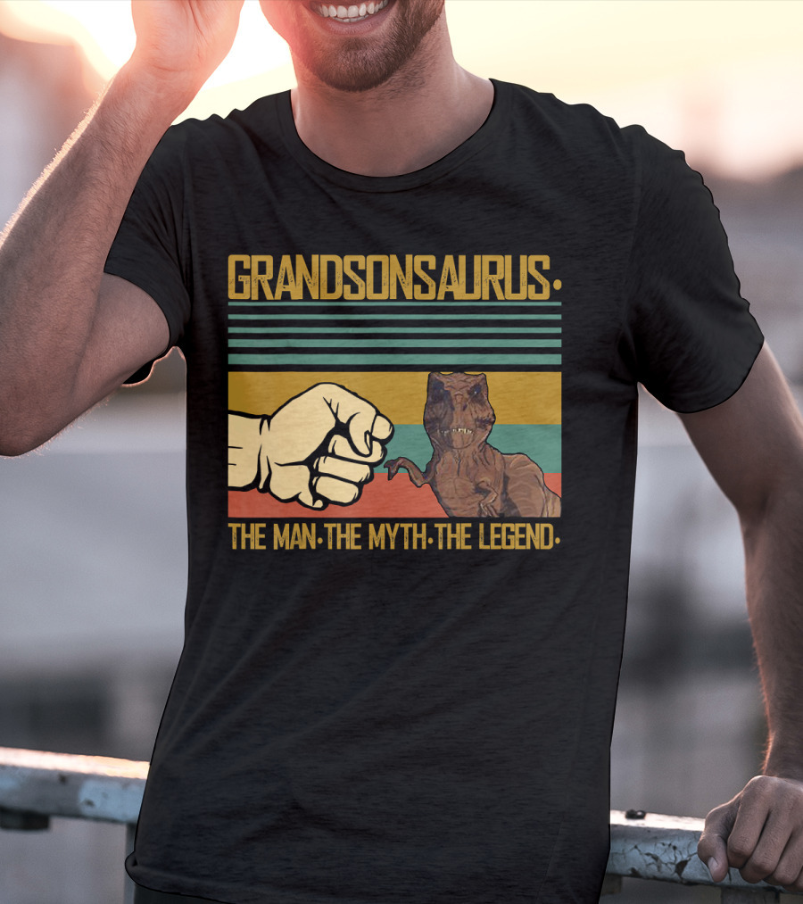 Grandsonsaurus The Man The Myth The Legend Dinosaur Fist Retro Stripes T-Shirt
