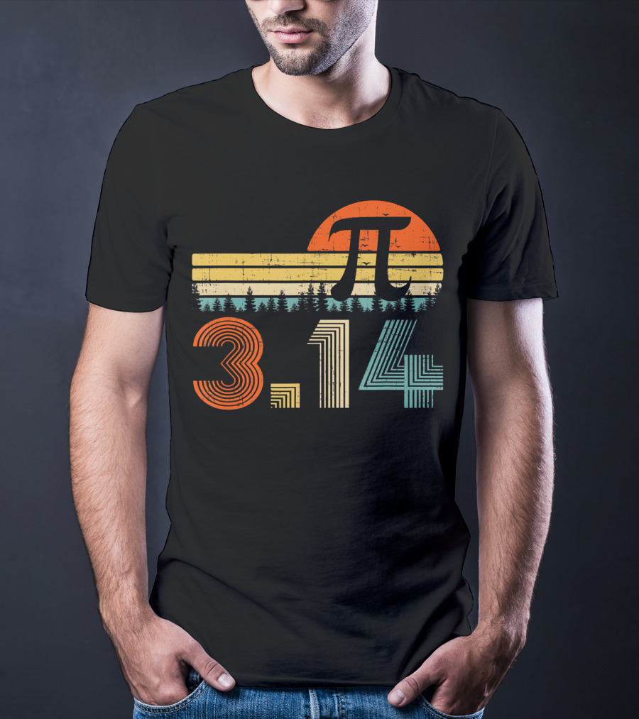 Pi Day Math Teacher 3.14 Retro Sunset Forest T-Shirt