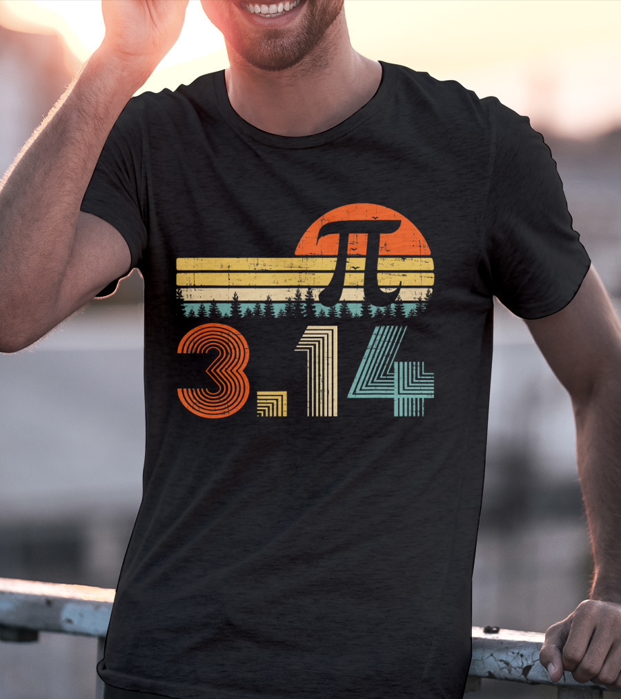 Pi Day Math Teacher 3.14 Retro Sunset Forest T-Shirt
