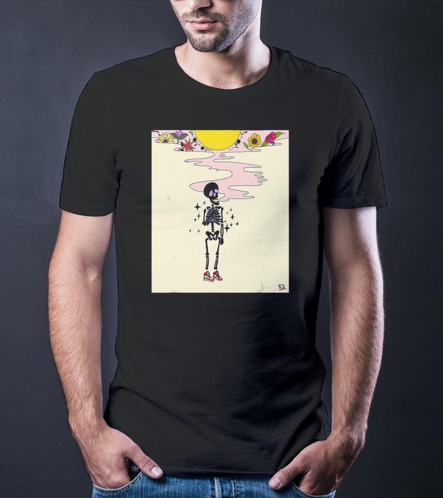 Smoking Skeleton Sun Flowers Sneakers Graphic Fashion T-Shirt