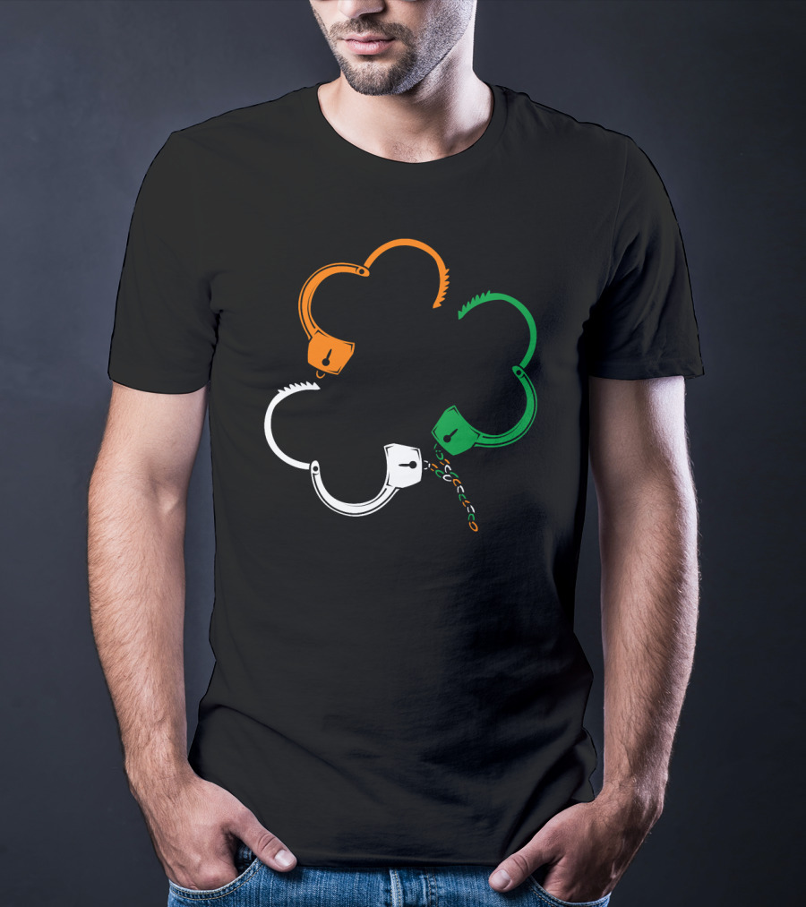 St Patricks Day Irish Flag Handcuffs Clover Police Officer T-Shirt