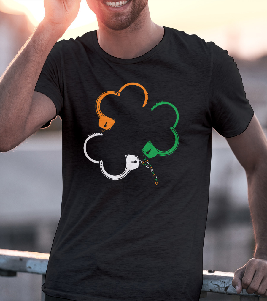 St Patricks Day Irish Flag Handcuffs Clover Police Officer T-Shirt