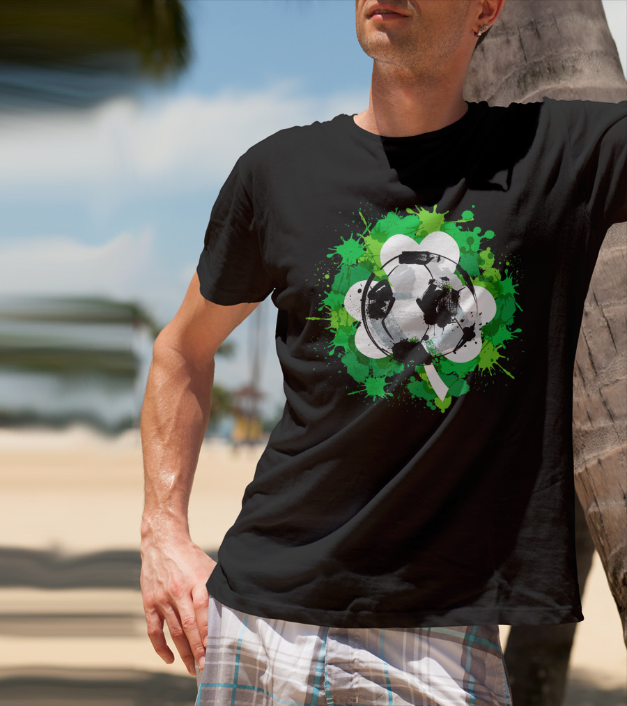 St Patrick's Day Soccer Ball Shamrock Green Splatter T-Shirt