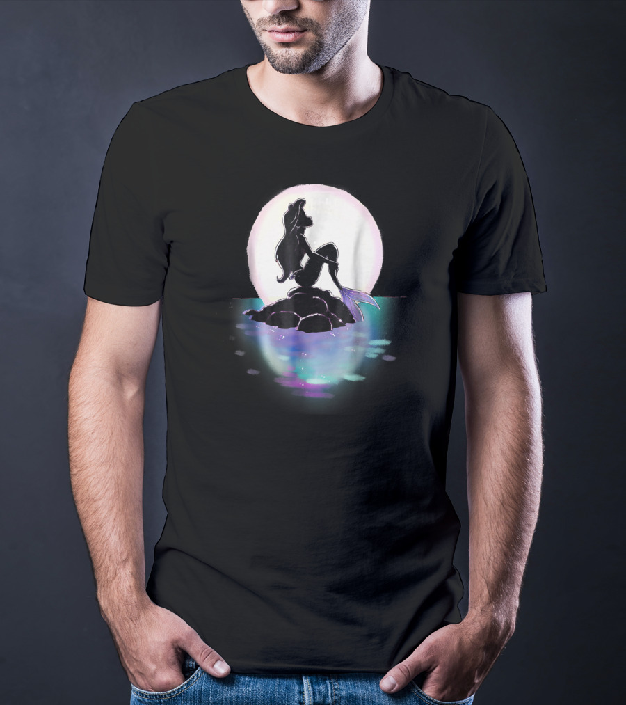 Disney Ariel Little Mermaid Silhouette Against Colorful Sunset Moon T-Shirt