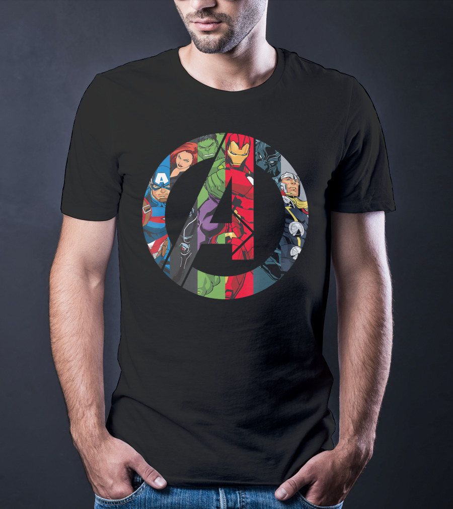 Marvel Avengers A Logo Captain America Black Widow Hulk Iron Man Thor T-Shirt