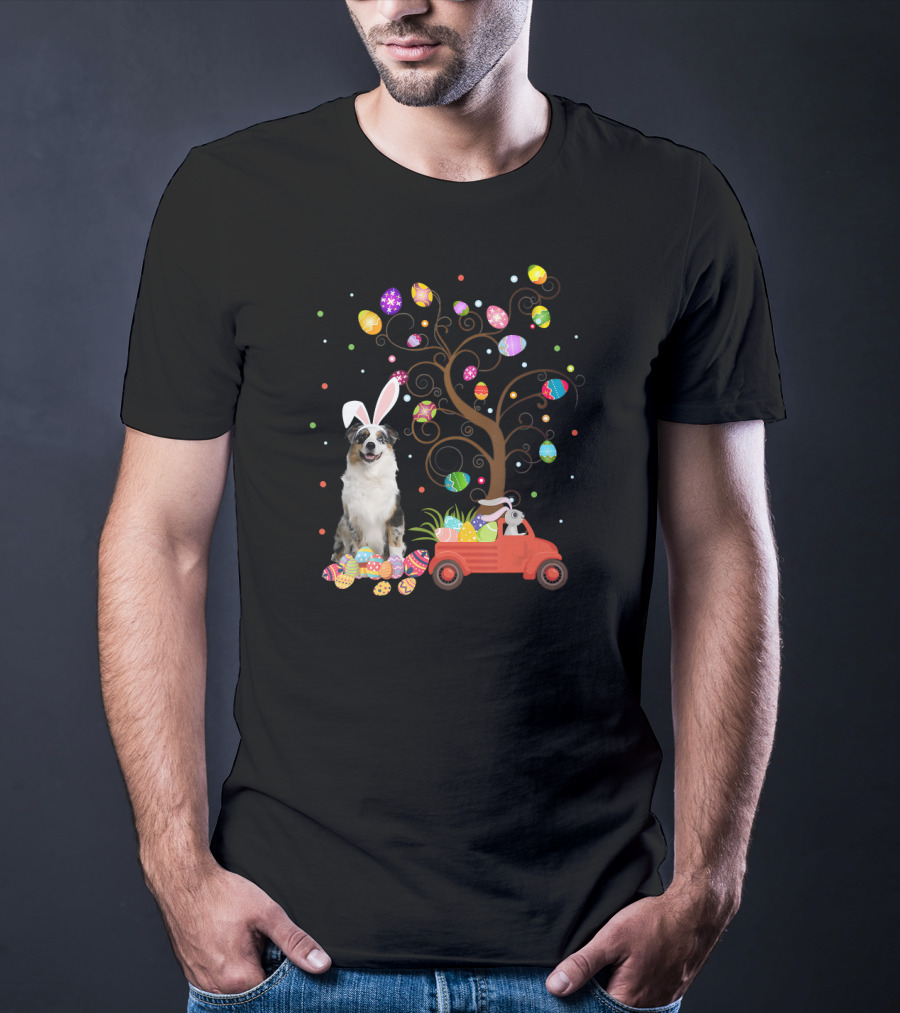 Australian Shepherd Bunny Ears Easter Eggs Tree Truck T-Shirt