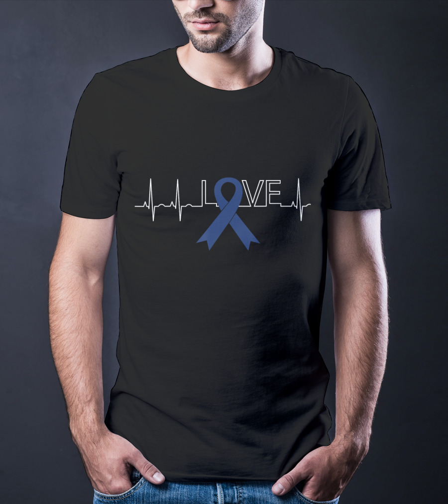 Love Colon Cancer Awareness Blue Ribbon Heartbeat T-Shirt
