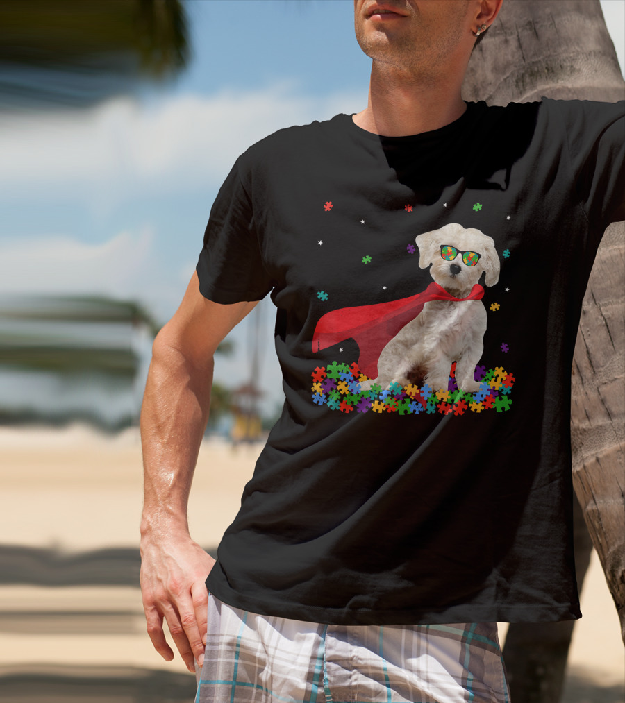 Superhero Maltese Dog Puzzle Pieces Autism Awareness T-Shirt