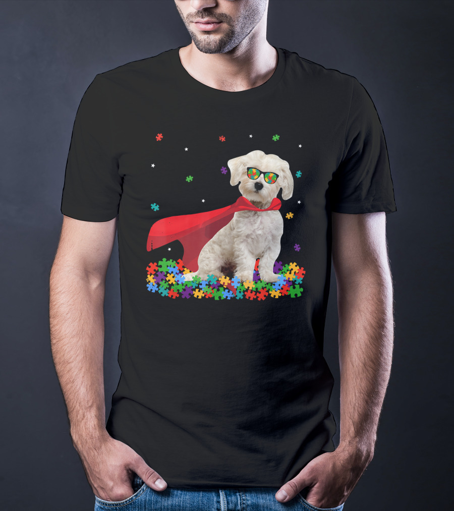 Superhero Maltese Dog Puzzle Pieces Autism Awareness T-Shirt