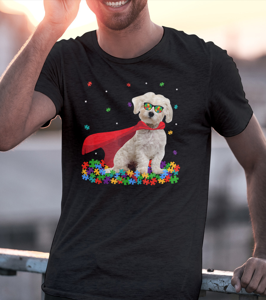 Superhero Maltese Dog Puzzle Pieces Autism Awareness T-Shirt