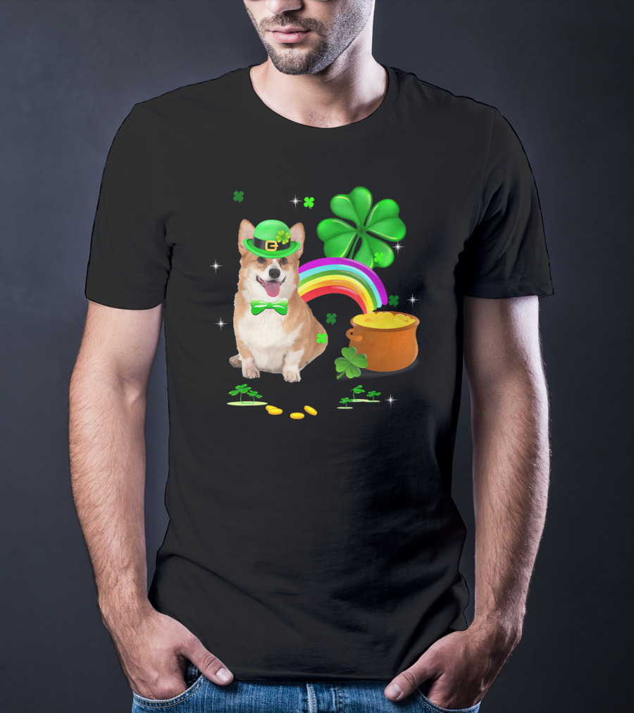 Corgi Dog Shamrock St Patricks Day Leprechaun Rainbow Pot Of Gold T-Shirt