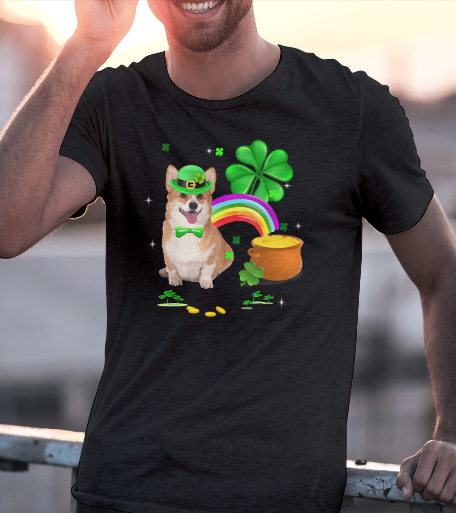 Corgi Dog Shamrock St Patricks Day Leprechaun Rainbow Pot Of Gold T-Shirt