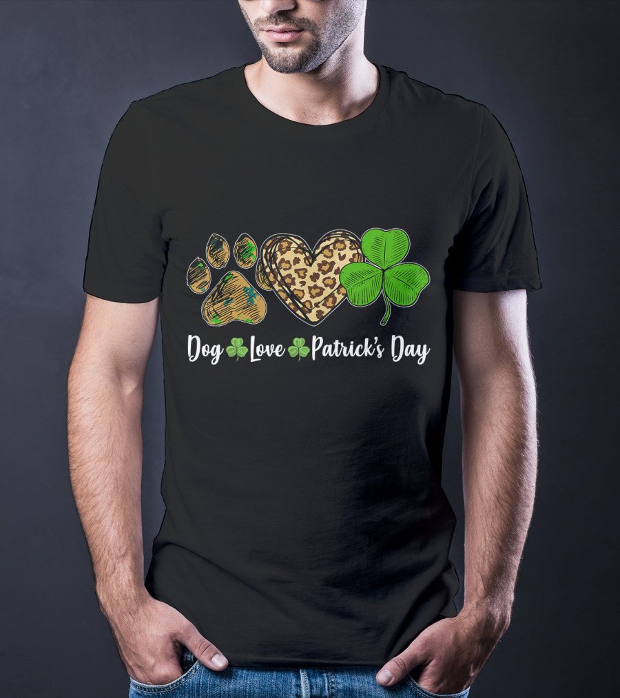 Dog Love Leopard Shamrock Patrick's Day T-Shirt