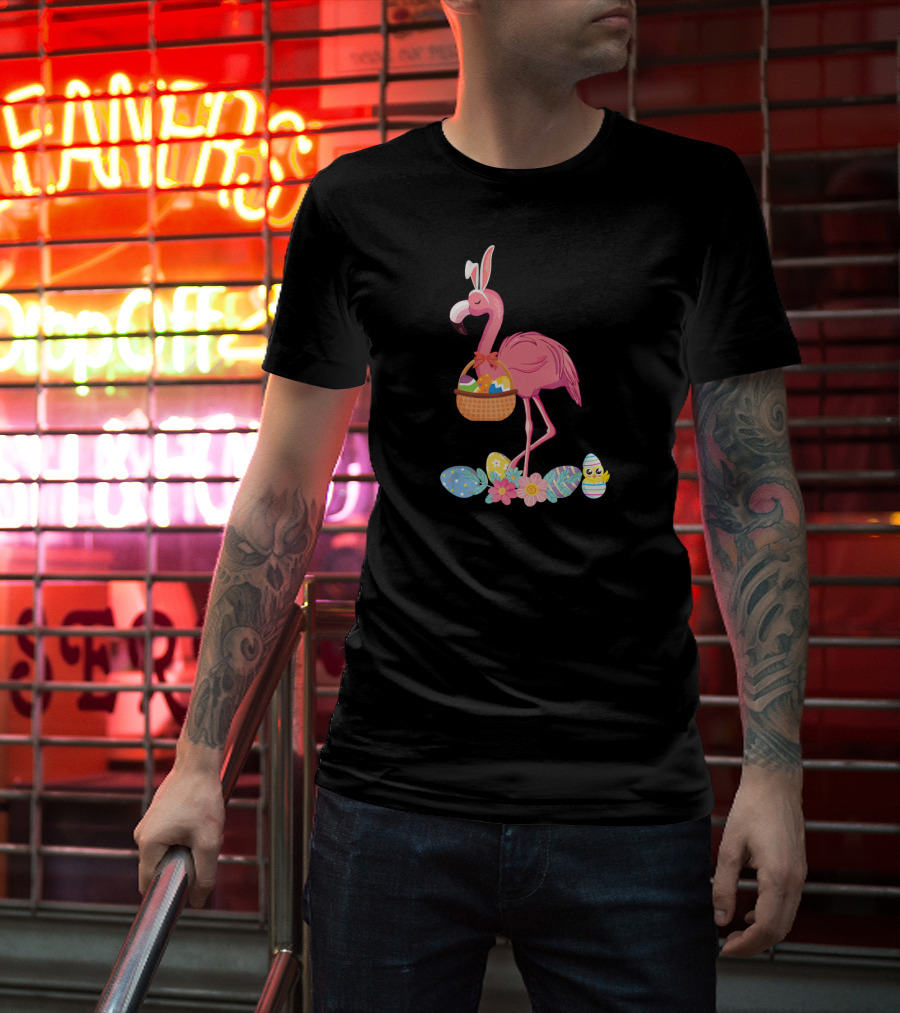 Easter Flamingo Bunny With Easter Egg Basket And Floral Eggs T-Shirt