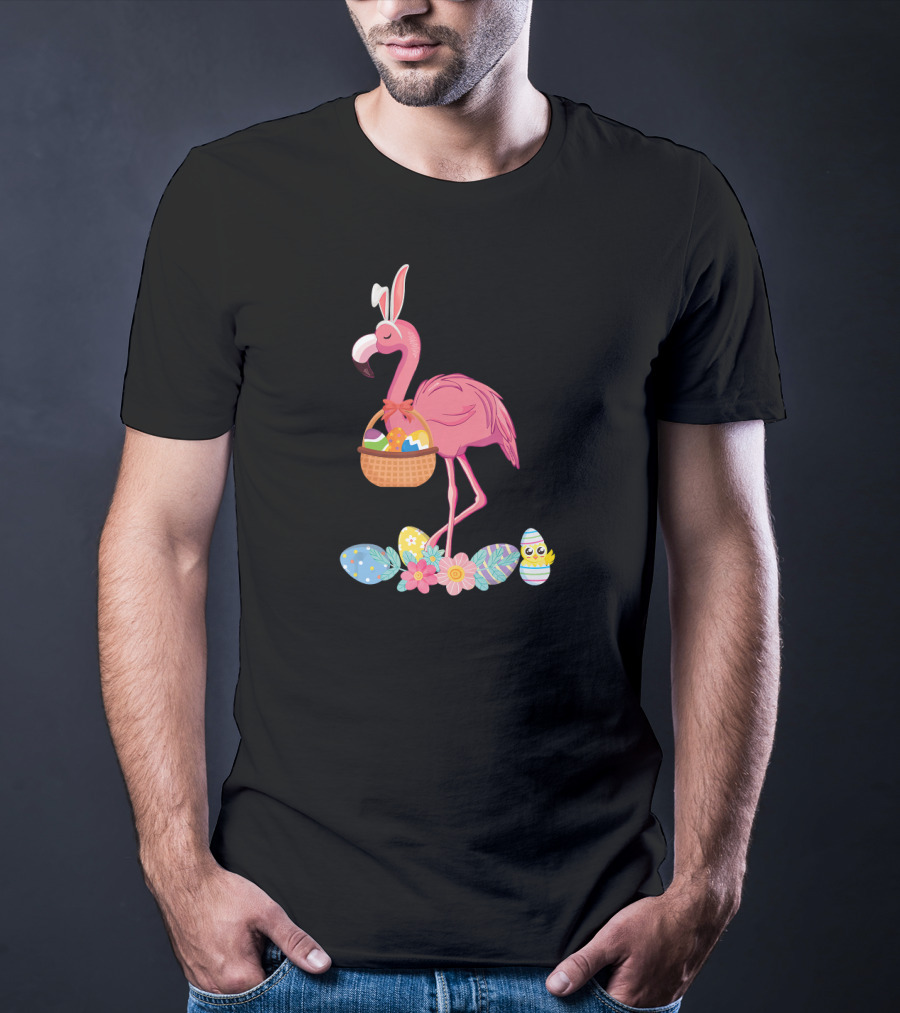 Easter Flamingo Bunny With Easter Egg Basket And Floral Eggs T-Shirt