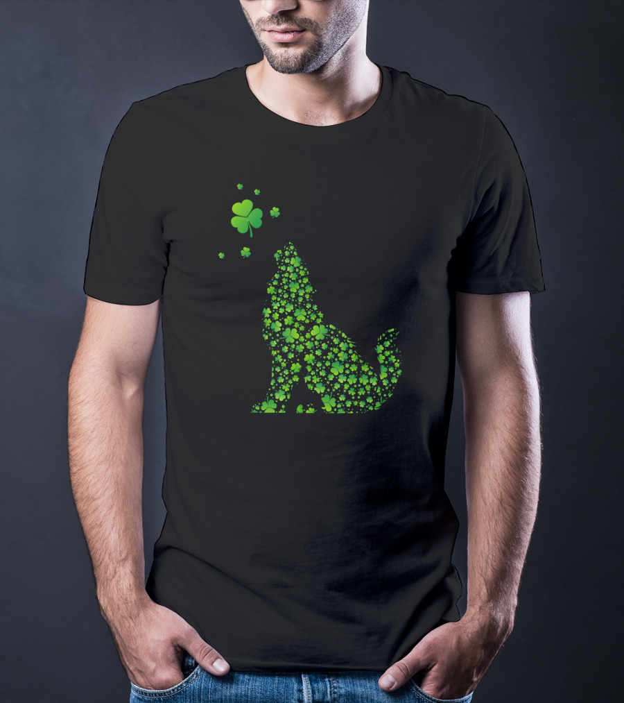 Shamrock Patterned Wolf With Clover Accents T-Shirt