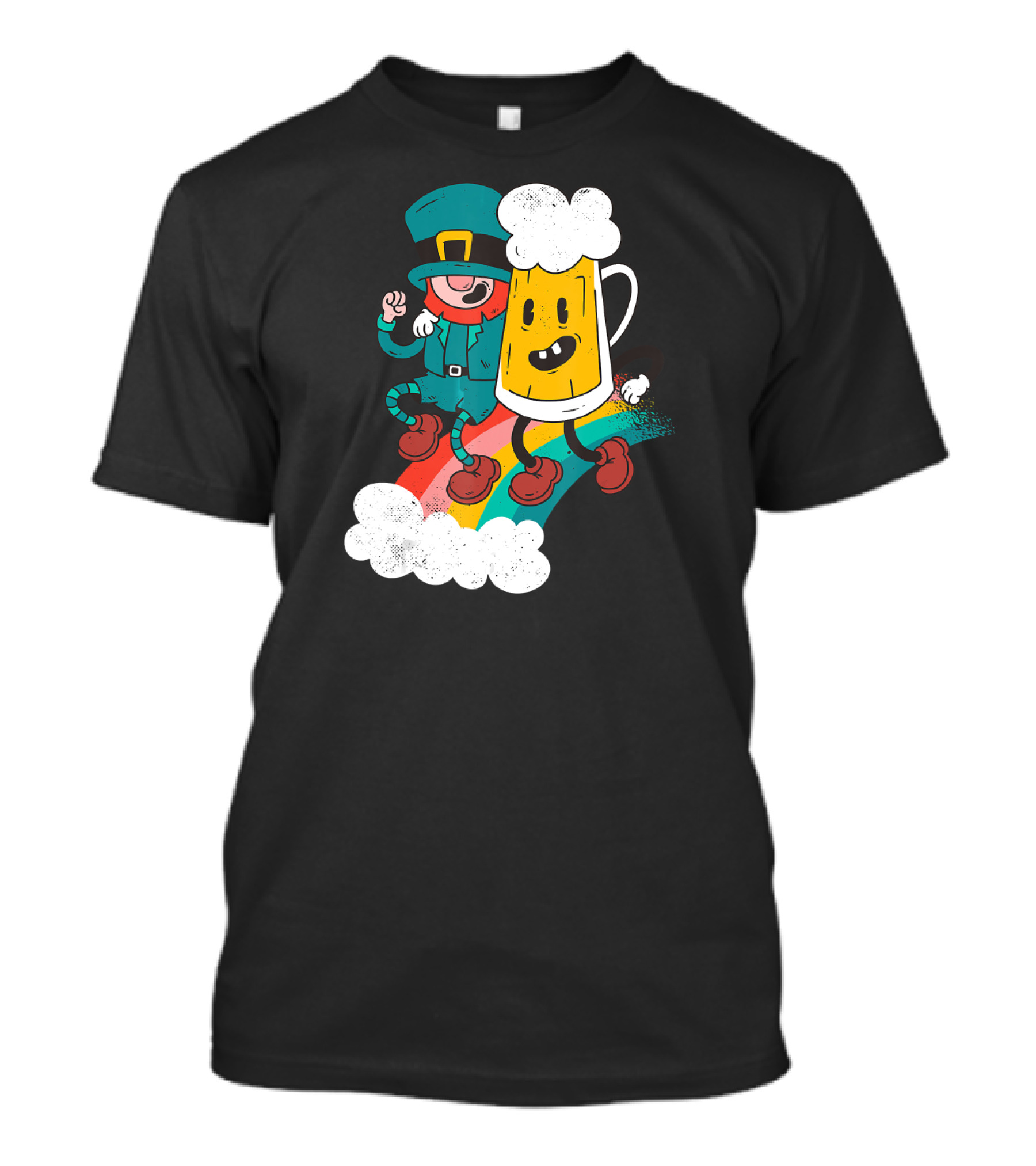 Leprechaun And Beer Besties Riding Rainbow With Clouds T-Shirt