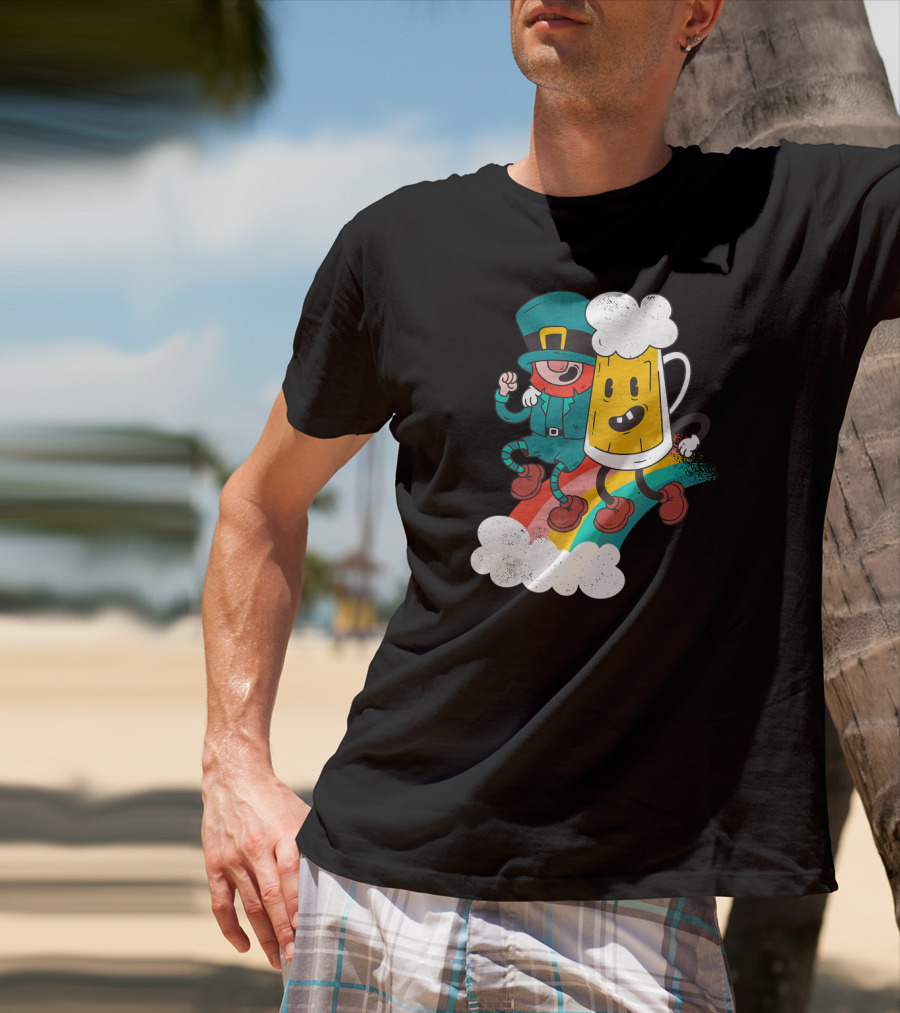 Leprechaun And Beer Besties Riding Rainbow With Clouds T-Shirt