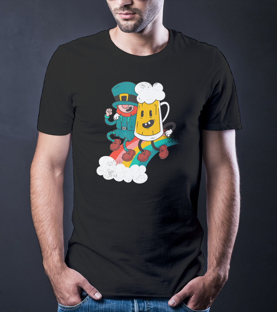 Leprechaun And Beer Besties Riding Rainbow With Clouds T-Shirt
