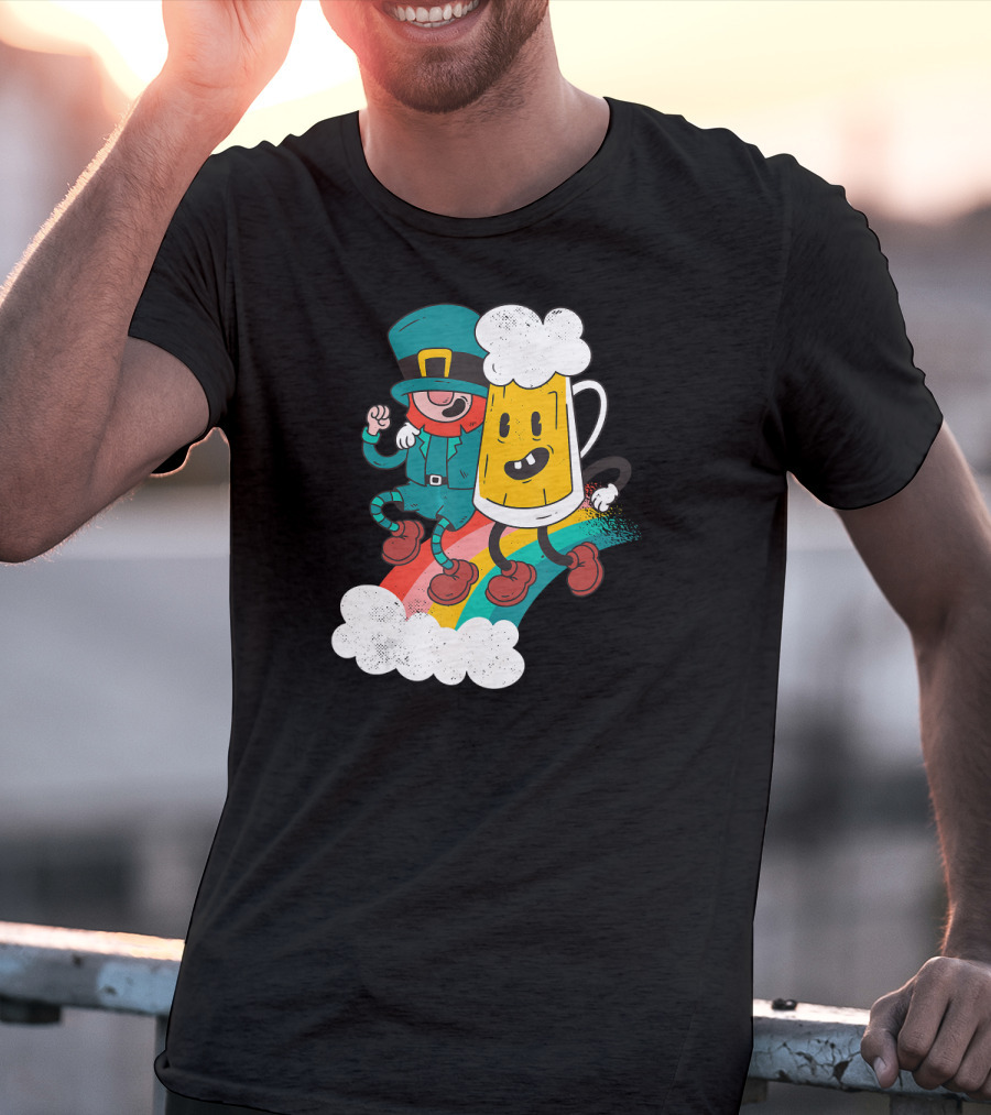 Leprechaun And Beer Besties Riding Rainbow With Clouds T-Shirt