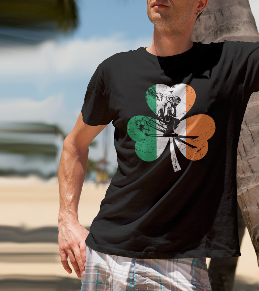 Skiing Shamrock St Patrick's Day Ireland Irish Flag T-Shirt
