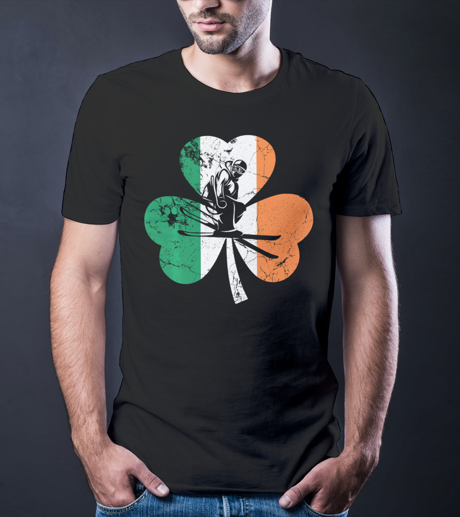 Skiing Shamrock St Patrick's Day Ireland Irish Flag T-Shirt