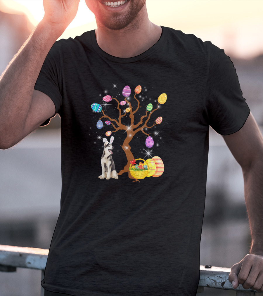 Siberian Husky Easter Egg Hunt With Basket And Tree Of Colorful Eggs T-Shirt