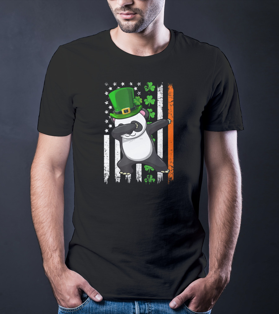Dabbing Panda Leprechaun Shamrock Green Hat St Patrick's Day Irish Flag T-Shirt