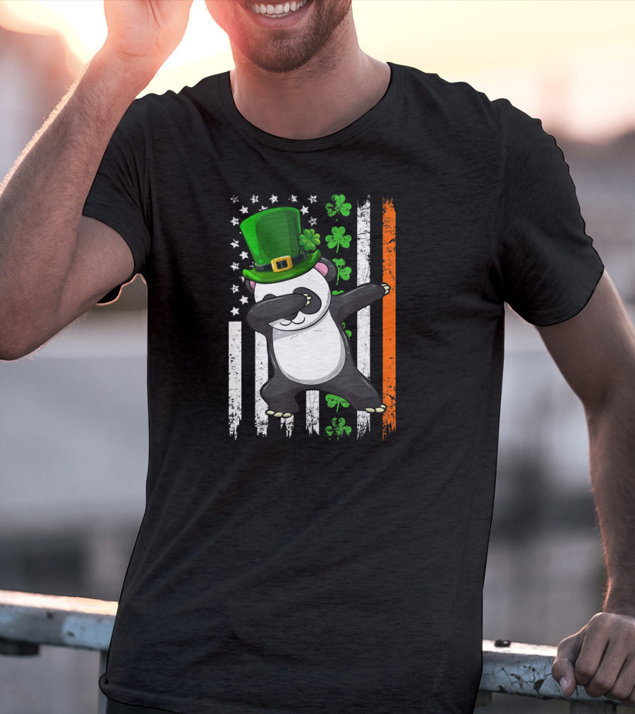 Dabbing Panda Leprechaun Shamrock Green Hat St Patrick's Day Irish Flag T-Shirt