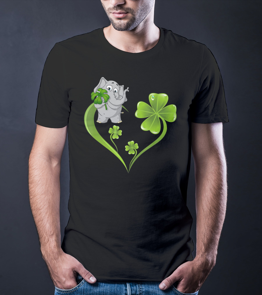 Elephant With Shamrock Heart And Clover Leaves T-Shirt
