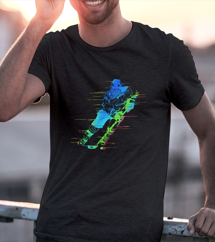 Ice Hockey Player Funny Athletes Glitch Effect Neon Athlete T-Shirt