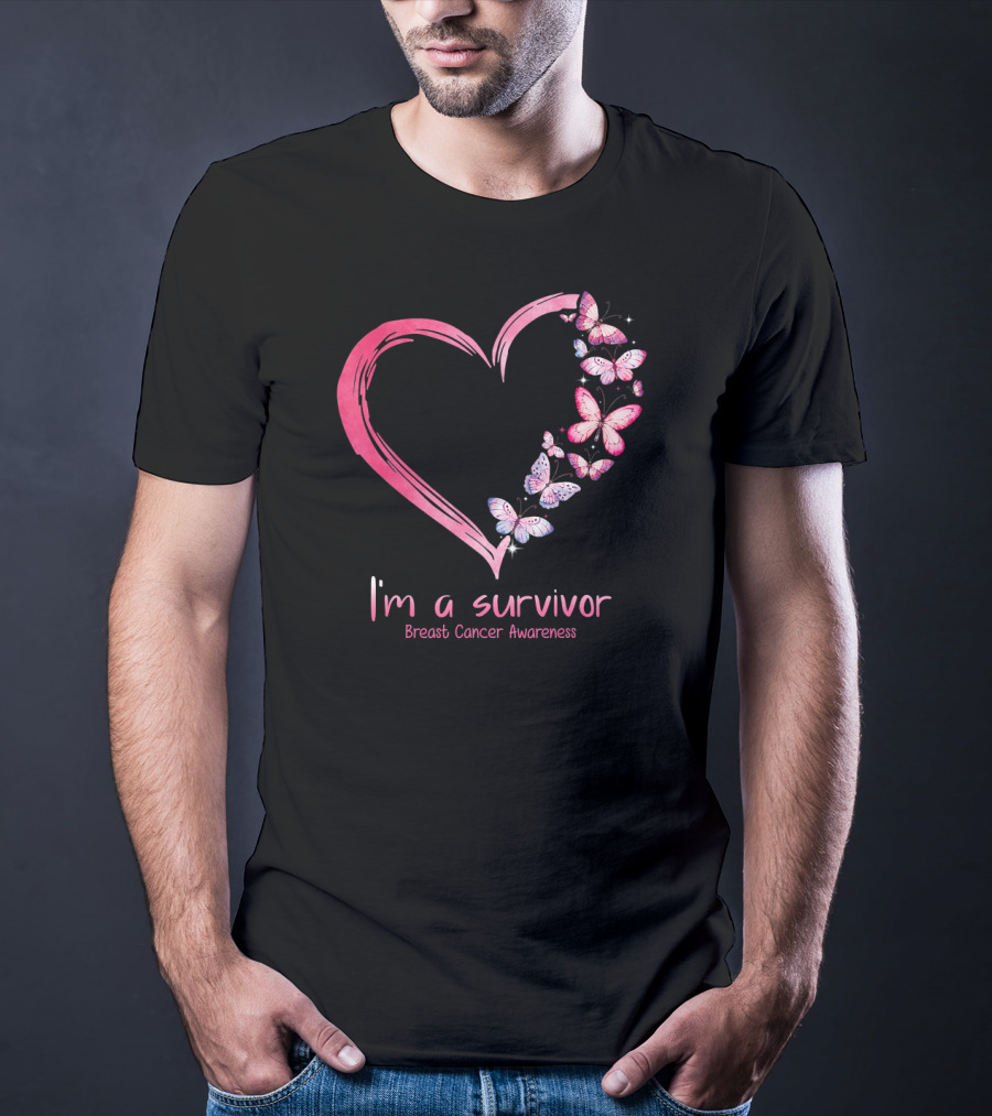 I'm A Survivor Breast Cancer Awareness Pink Heart Butterfly T-Shirt