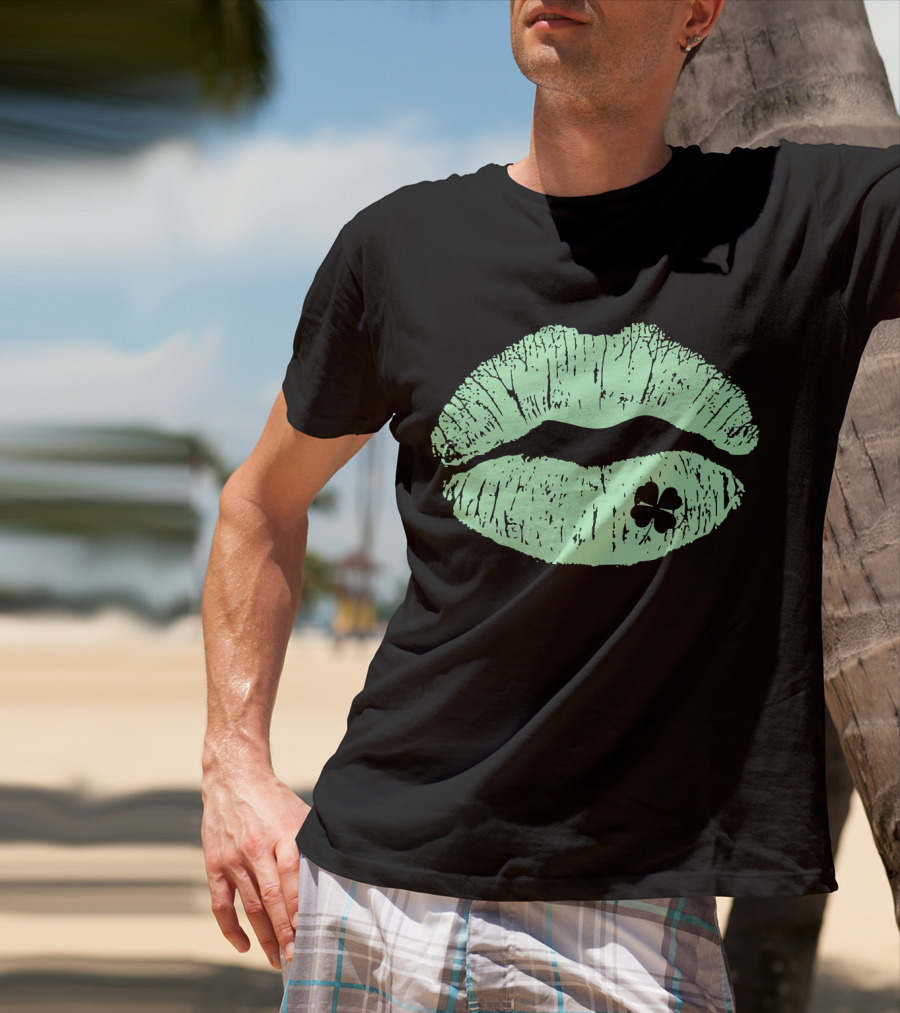 Lips Irish Kiss Clover St Patricks Day Green Shamrock T-Shirt