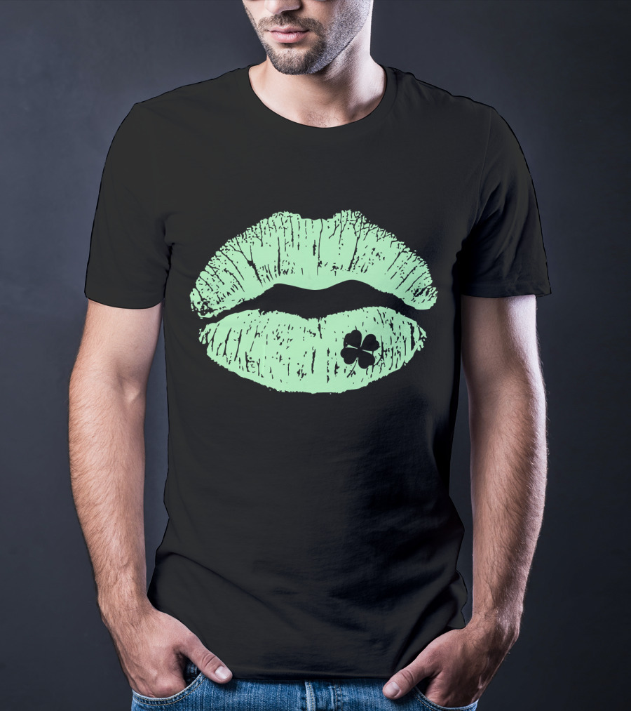 Lips Irish Kiss Clover St Patricks Day Green Shamrock T-Shirt