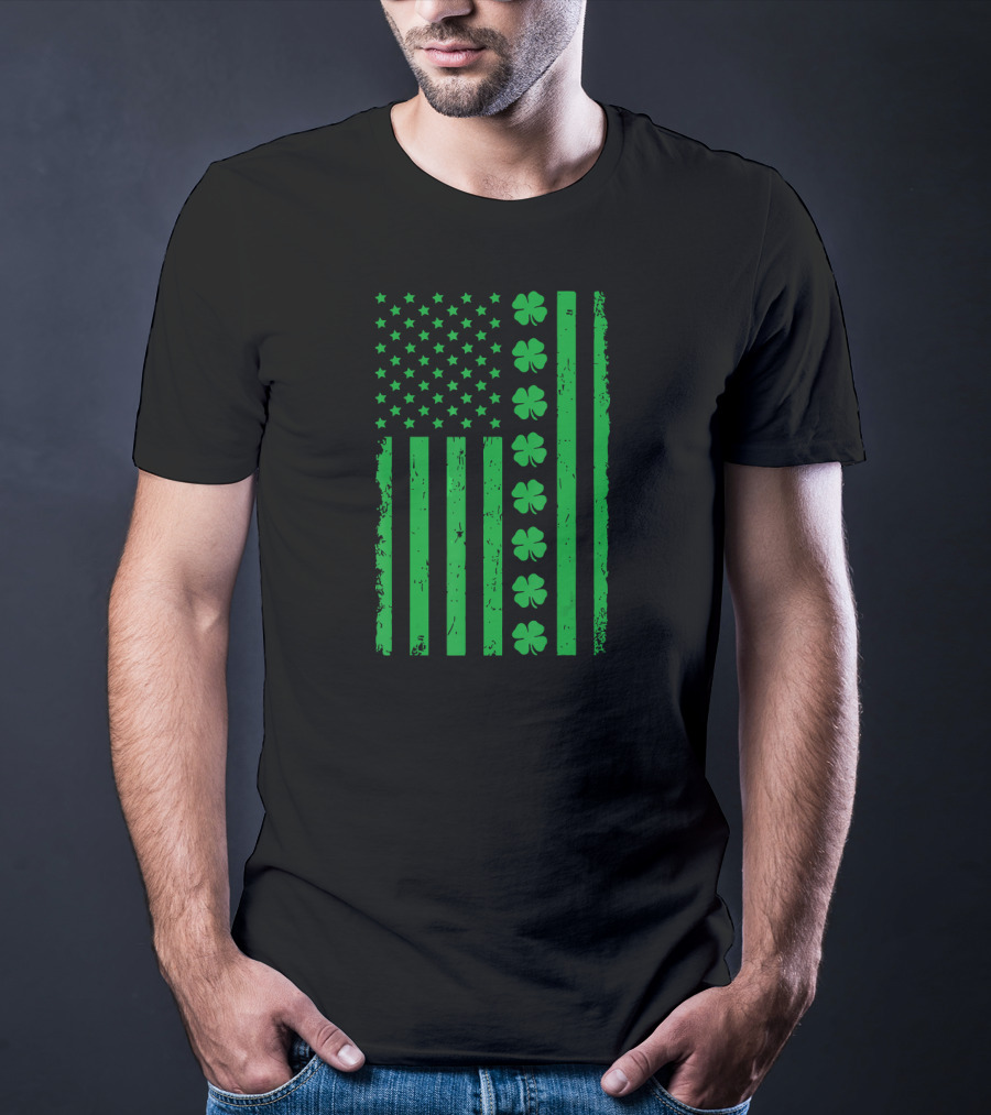 St Patrick Day Green Shamrock Irish American Flag T-Shirt
