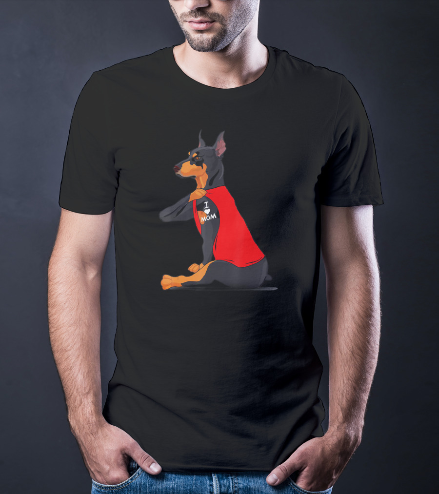 Doberman With Red Shirt And I Love Mom Tattoo T-Shirt